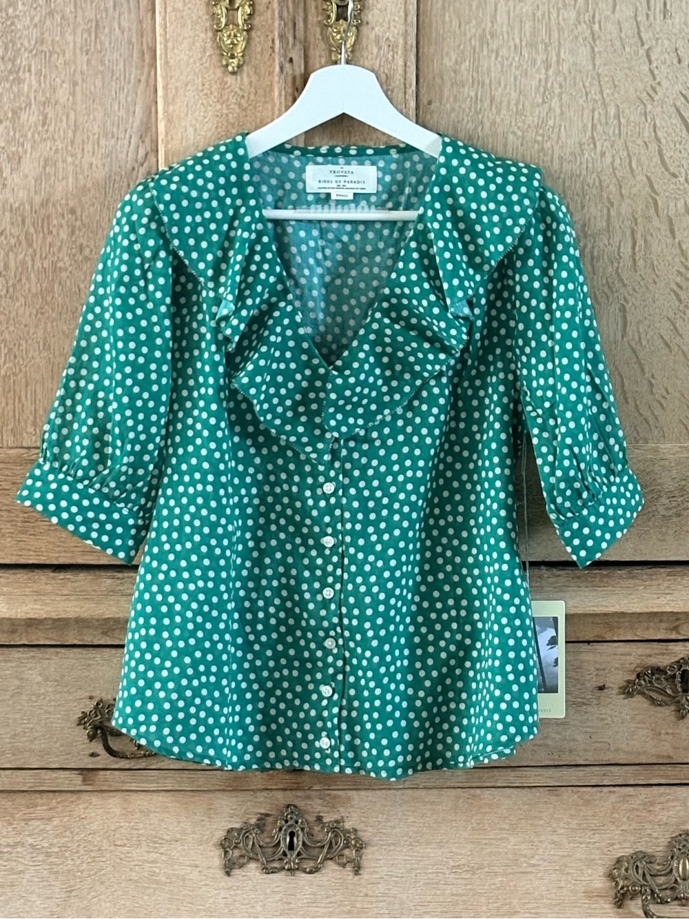 Trovata Faye Short Sleeve Ruffled V Neck Blouse In Lawn Dot S NWT - Picture 4 of 11